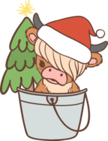 Baby Highland cow with Santa hat Christmas, in bucket png