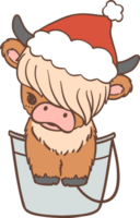 Baby Highland cow with Santa hat Christmas, in bucket png