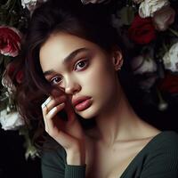 Fashion interior photo of beautiful sensual woman with dark hair in elegant clothes