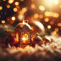 Christmas decoration with burning candles, gingerbread house, Christmas tree and bokeh background. photo