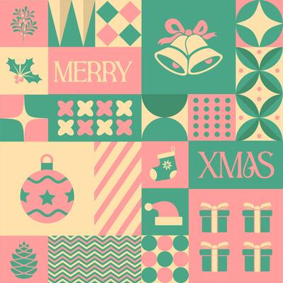 Merry Xmas Christmas seamless pattern in scandinavian style postcard with Retro clean concept design