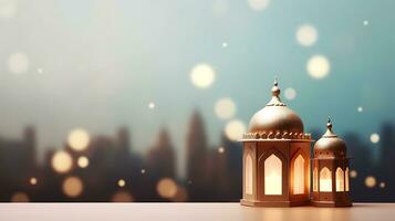 Ramadan kareem greetings with islamic lantern and mosque photo