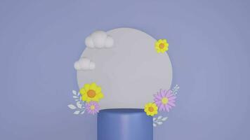 3d Blau Hintergrund Frühling Verkauf minimalistisch lila Tafel mit Blumen- und Podium, geeignet zum Produkt Beförderung Sozial Medien rahmen, 3d Illustration Animation Schleife. video