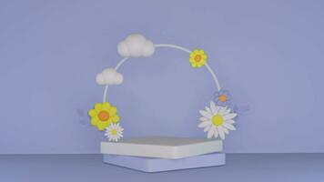 3d lila Hintergrund Frühling Verkauf minimalistisch lila Tafel mit Blumen- und Podium, geeignet zum Produkt Beförderung Sozial Medien rahmen, 3d Illustration Animation Schleife. video