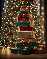 Stack of christmas gift boxes on the background of the Christmas tree photo