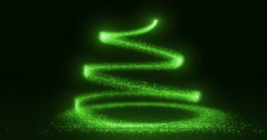 resumen verde volador línea de puntos y luminoso partículas de energético mágico brillante espirales en el forma de un Navidad nuevo año árbol foto