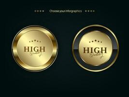 TWO premium and Golden label button isolated on black background. Realistic vector illustration of golden, metal luxury ui concept templates of buttons
