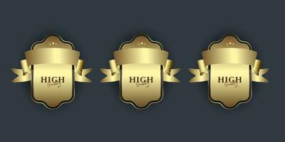 THREE Elegant pearl gold label, glossy labels with golden frame over beige background, premium and Golden label button isolated on black background vector