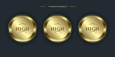 Set of three circles premium and Golden label button isolated on black background. Realistic vector illustration of golden, metal luxury ui concepts of buttons