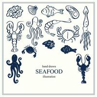 Seafood card template background for text hand drawn sketch vector illustration. Design backdrop with seafood delicacies oysters, crab, fish, mussels, shrimp, lobster, crayfish, squid, octopus,shell