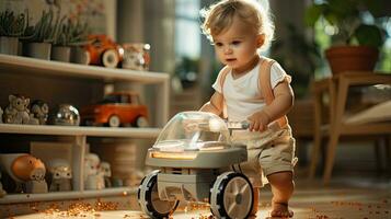 Little joyful child smiles and plays with a toy car in the room, the boy rides a car photo