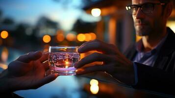 vaso vaso con un alcohólico bebida en el manos de un hombre foto