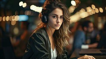 Young beautiful woman office call center worker with headphones and headset for answering phone calls and consulting customer support photo