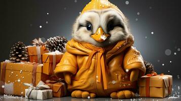 Cute duck in a jacket and hood in snowy winter for Christmas and New Year holiday photo