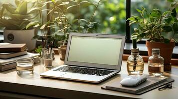 Laptop on table, freelancer workplace at home photo