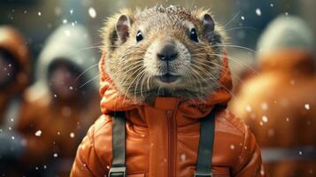 Cute capybara in a jacket and hood in the snowy winter for the Christmas and New Year holiday photo