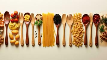 Forks and spoons with various tasty pasta on white background, flat lay. Space for text photo