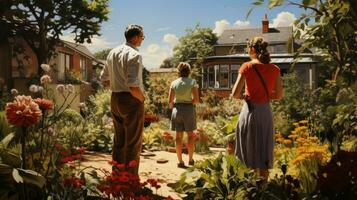 familia relajante juntos al aire libre en el jardín, familia vacaciones al aire libre foto