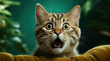 Surprised face muzzle of a screaming cat with open mouth on a green background photo