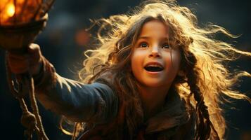 Little joyful girl with a torch in her hands photo