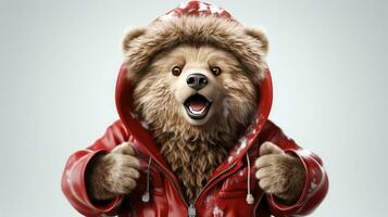 Cute bear in a jacket and hood in the snowy winter for the Christmas and New Year holiday photo