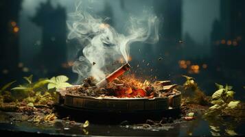 An extinguished cigarette smokes in an ashtray, the concept of getting rid of bad habits, quitting smoking photo