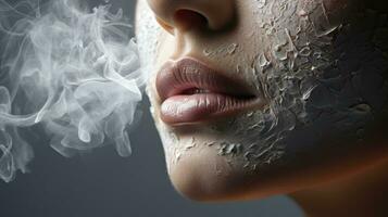 Woman with smoke coming out of her mouth, concept of getting rid of bad habits, quitting smoking photo