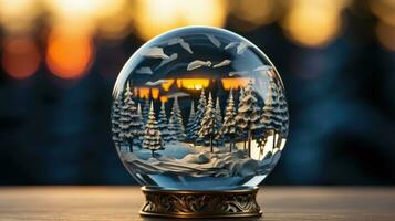 Christmas winter new year holiday glass ball with snow covered fir forest photo