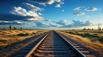 A railway with rails and sleepers goes into the distance beyond the horizon, the concept of railway transport and the transportation of passengers and goods photo