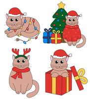 Set of cartoon Christmas and New Year Cat characters. Cute Kittens in gift box, garland, Deer Antler Headband, Christmas tree. Vector flat illustration.