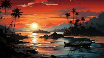 hermosa rojo puesta de sol en el playa a mar con palma arboles y sol, concepto para vacaciones y vacaciones en tropical calentar países foto