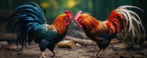 Face to face two muscular roosters are fighting photo
