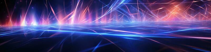 Glowing neon laser rays and lines abstract banner. Generative AI photo