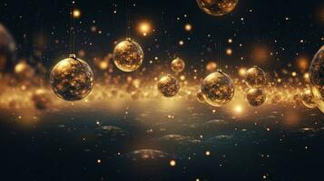 Luxury golden Christmas balls on glowing bokeh background. Generative AI photo