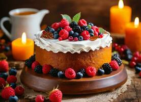 Photo of the cake decorated with berries on the wooden table with candles AI Generative