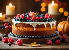 Photo of the cake decorated with berries on the wooden table with candles AI Generative