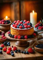 Photo of the cake decorated with berries on the wooden table with candles AI Generative