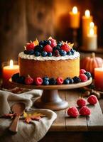 Photo of the cake decorated with berries on the wooden table with candles AI Generative