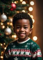 Happy Afro American Little Boy Christmas and Happy New Year Vibe AI Generative photo