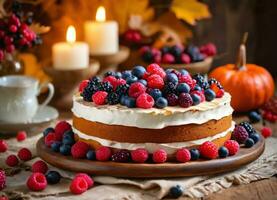 Photo of the cake decorated with berries on the wooden table with candles AI Generative