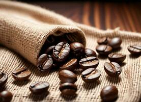 Photo of the coffee beans on the linen fabric AI Generative