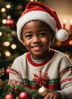 contento afro americano pequeño chico Navidad y contento nuevo año ambiente ai generativo foto