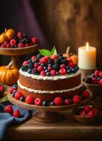 foto de el pastel decorado con bayas en el de madera mesa con velas ai generativo