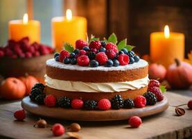 foto de el pastel decorado con bayas en el de madera mesa con velas ai generativo