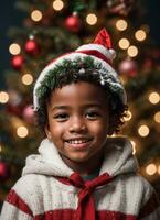 contento afro americano pequeño chico Navidad y contento nuevo año ambiente ai generativo foto