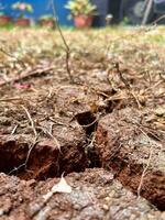 agrietado tierra o seco superficie o suelo debido a seco temporada y creciente temperatura o global calentamiento o global hirviendo. foto