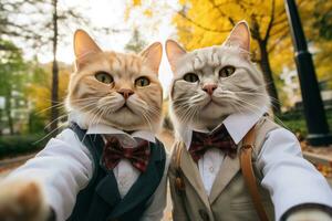 Two cats in business suits taking a selfie in nature. Created using artificial intelligence. photo