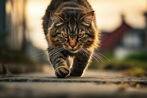 An angry fluffy gray cat walks along the road on a blurred background. Created using artificial intelligence. photo