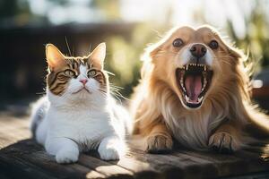 Satisfied cat and angry dog on a wooden tabletop in nature. Funny furry pets. Created using artificial intelligence. photo