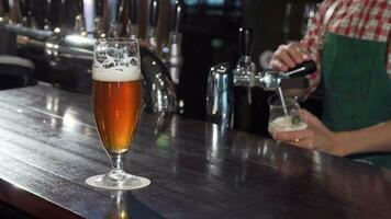 glas av utsökt hantverk öl på de tabell, bartender arbetssätt på de bakgrund video